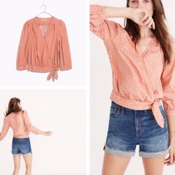 Madewell Wrap Top Blouse Size Medium Coral Star Print Quarter-Sleeve Lightweight - Picture 6 of 11